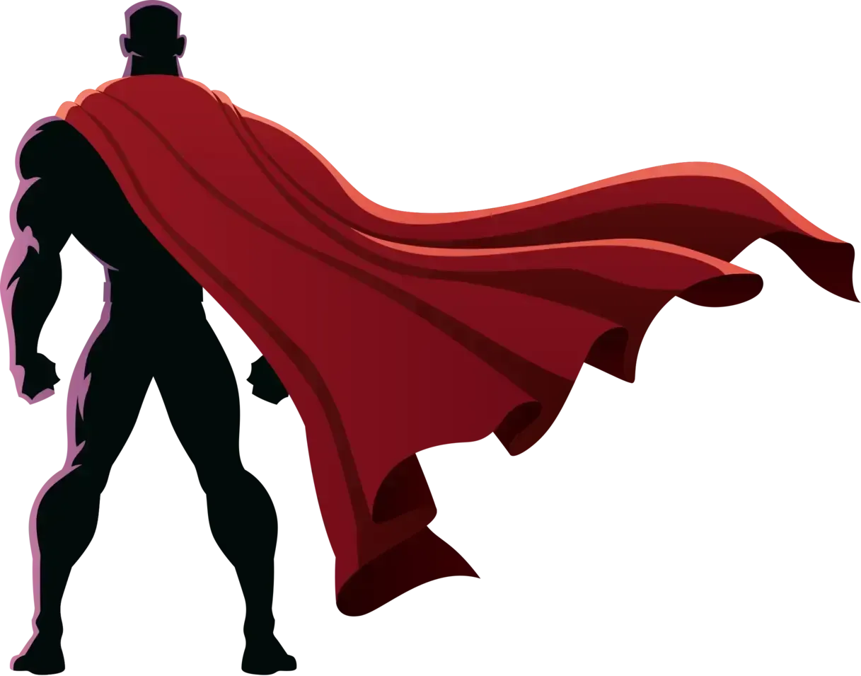 Silhouetted caped superhero in red, standing heroically with cape flowing to the right