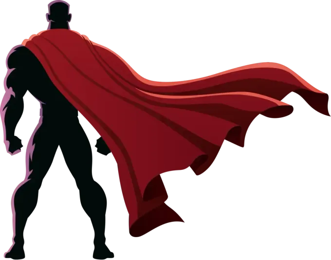 Silhouetted caped superhero in red, standing heroically with cape flowing to the right