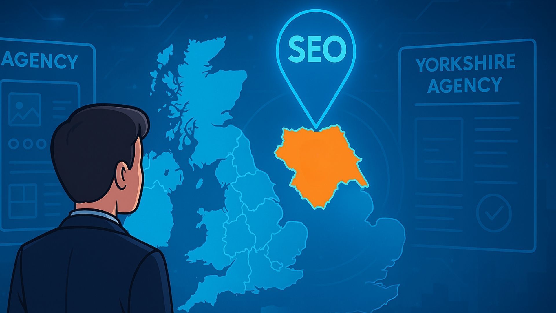 Man viewing blue SEO map of Yorkshire with orange highlighted region and location pin