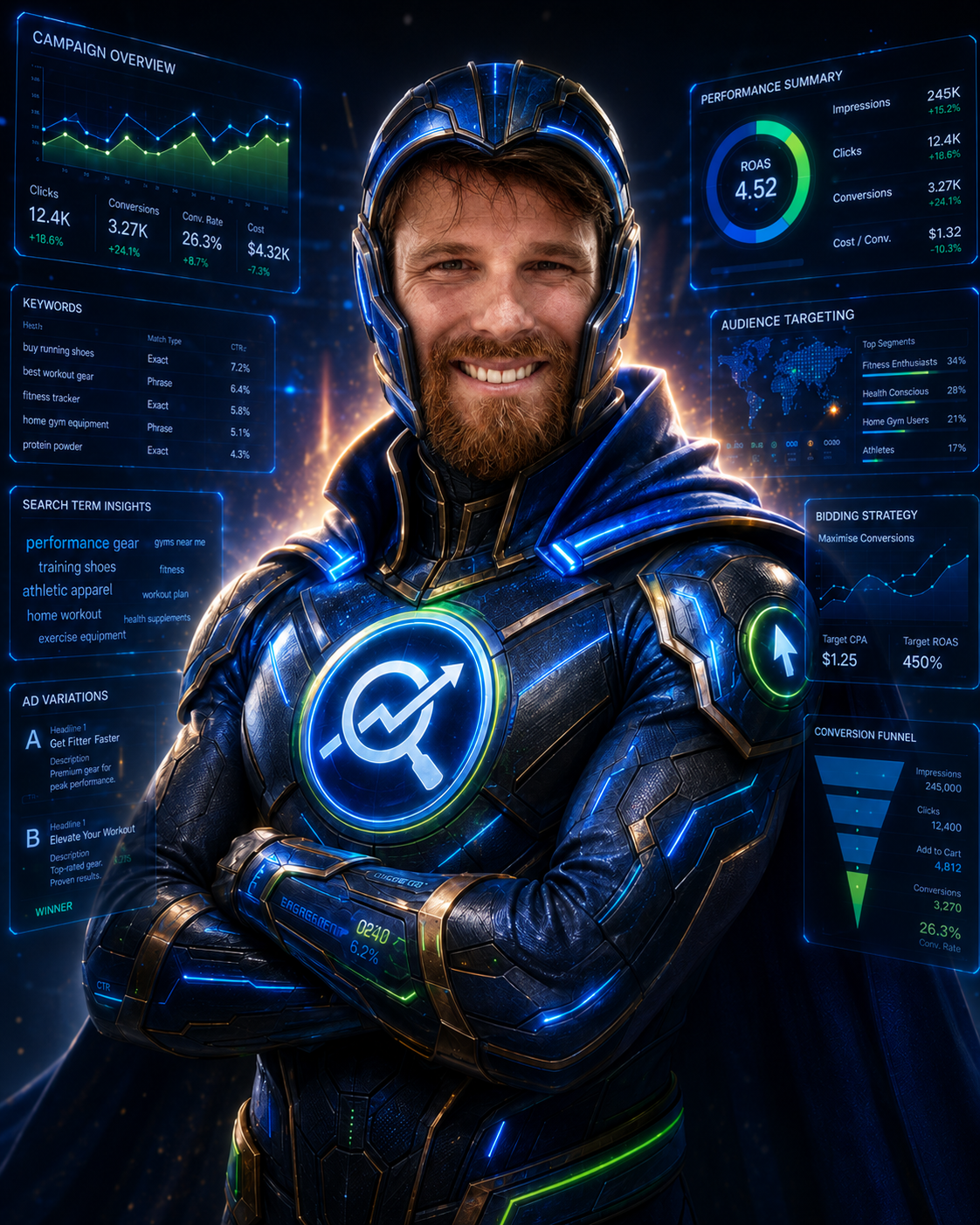 Smiling armored man in blue neon suit before digital dashboards