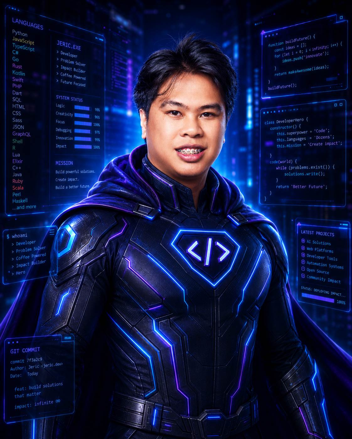 Futuristic figure in a glowing blue cyber suit against a digital code background