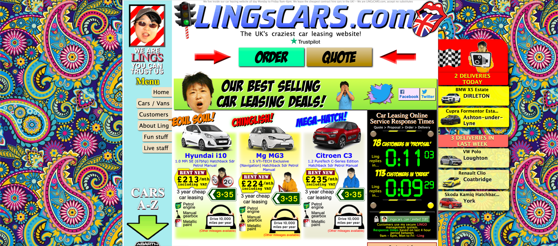 Colorful LynkCars.com webpage collage with ad panels, photos, prices, and neon countdown timers