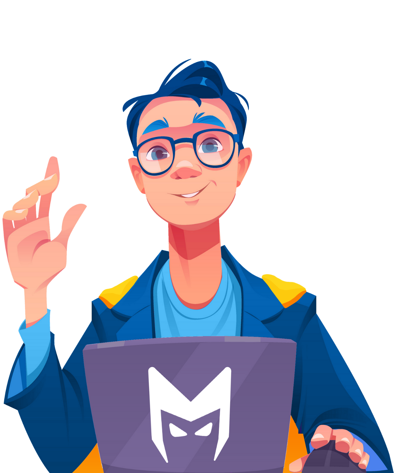 Cartoon person with glasses using a laptop, smiling and gesturing in a blue jacket