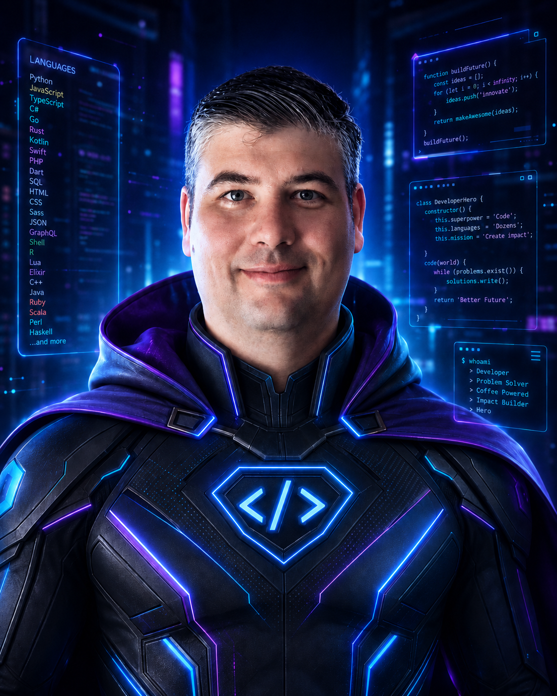 Futuristic portrait of a man in a black and blue cyberpunk hoodie with glowing code panels behind him