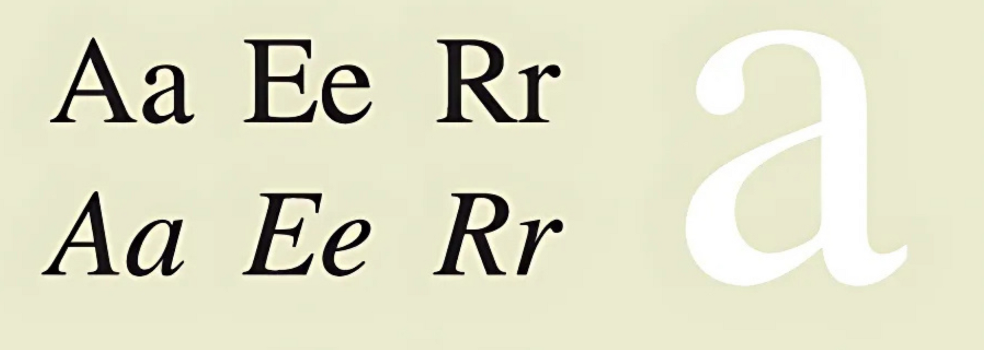 Black serif “Aa Ee Rr” repeated twice beside a large white lowercase “a” on a pale yellow background