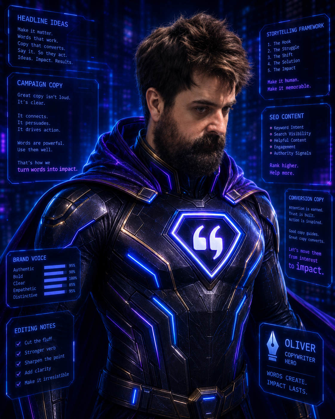 Futuristic armored figure in glowing blue neon, standing against a digital interface background
