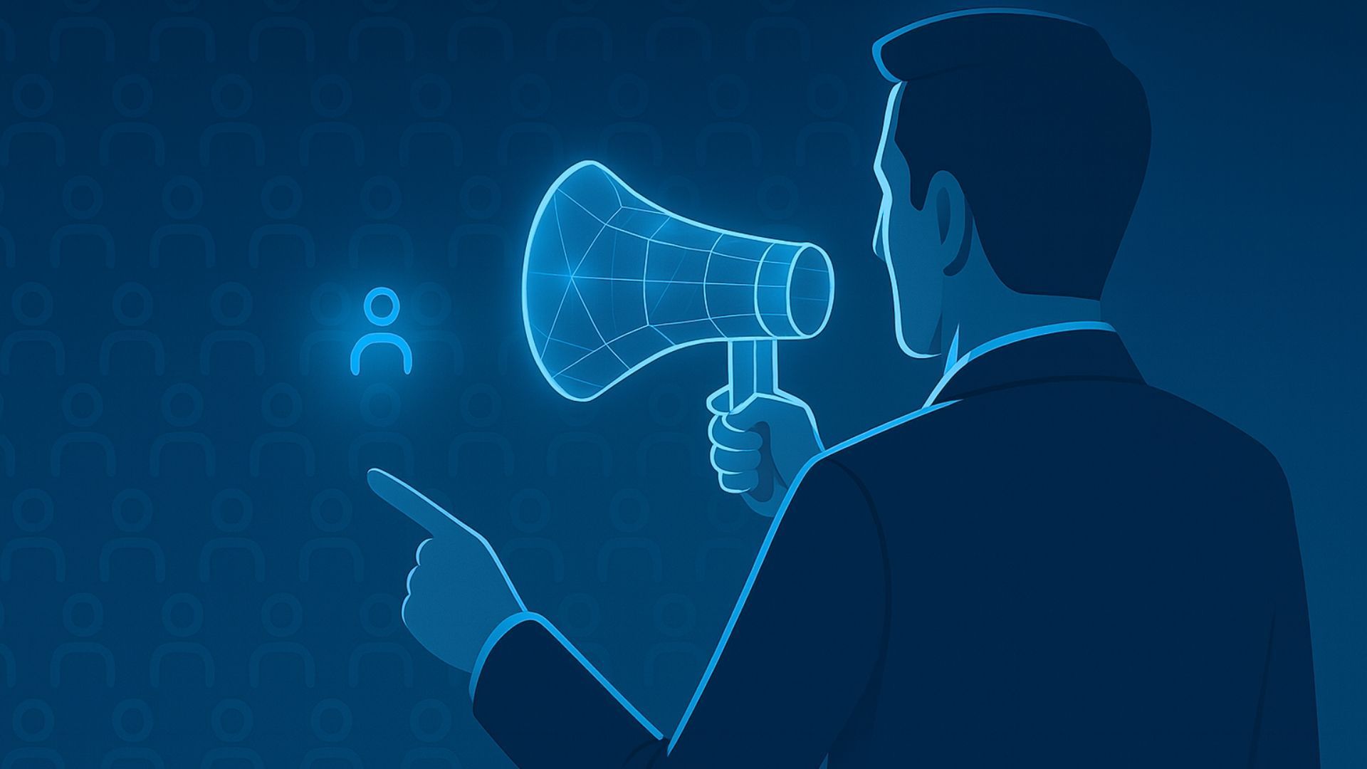 Person in dark suit points at blue holographic megaphone icon on a blue background