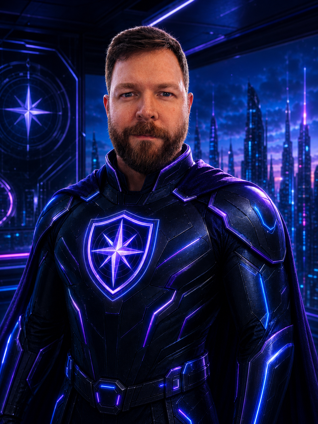 Man in a glowing purple futuristic suit with a star emblem, standing in a neon sci-fi city.