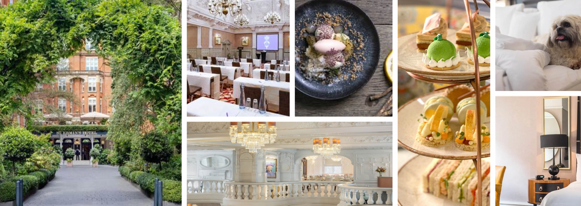 Collage of a brick hotel exterior and elegant dining, lounge, and lobby interiors with warm lighting