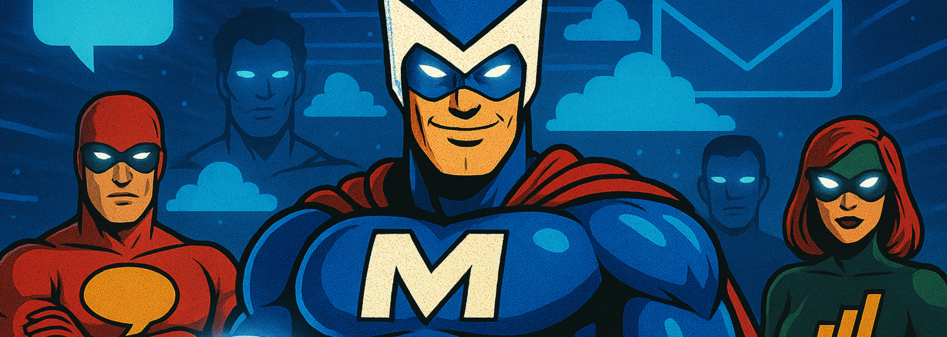Three masked superheroes in blue, red, and orange costumes against a tech-themed background, center figure with M insignia