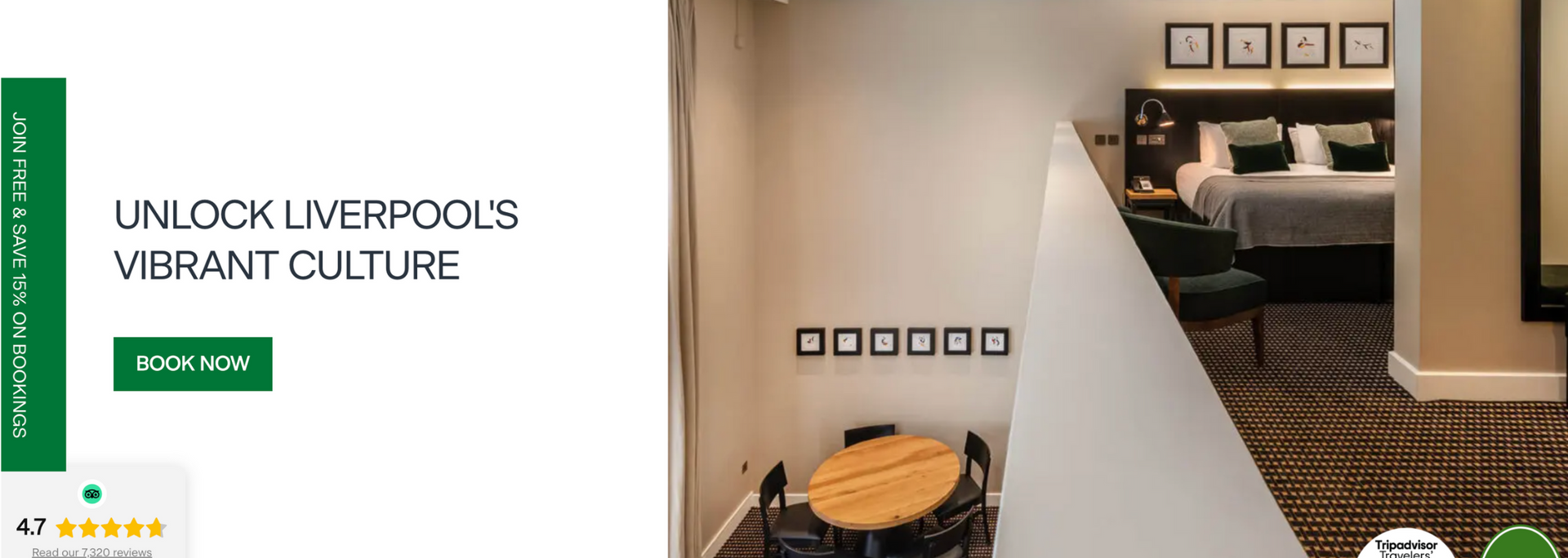 Modern office lounge with stairs, shelves, and green promo text on a white banner