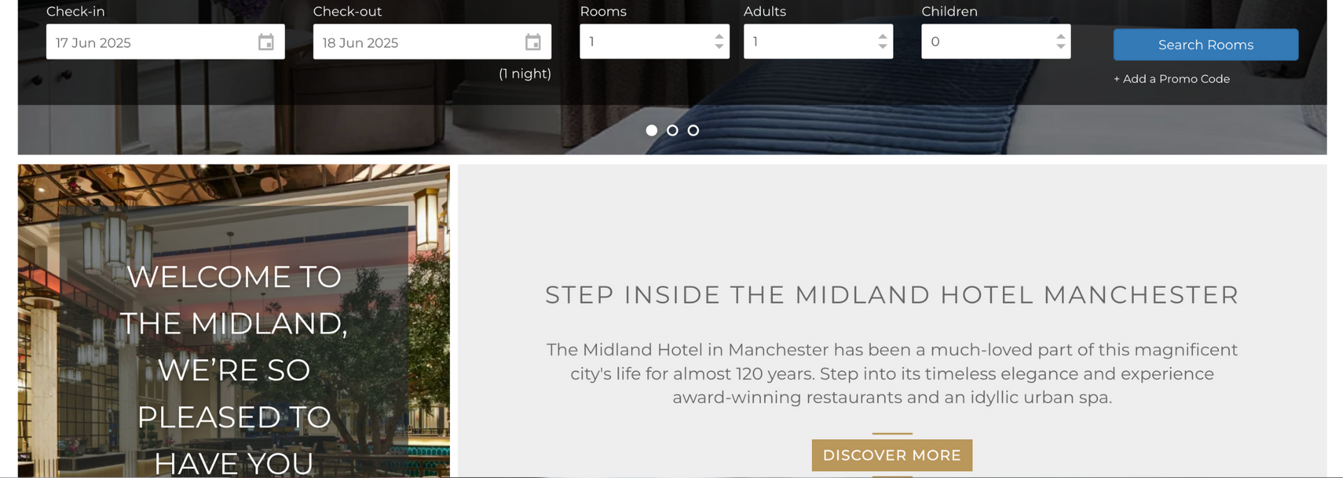 Hotel website homepage with a banner photo, booking form, and “Step inside the Midland Hotel, Manchester” text