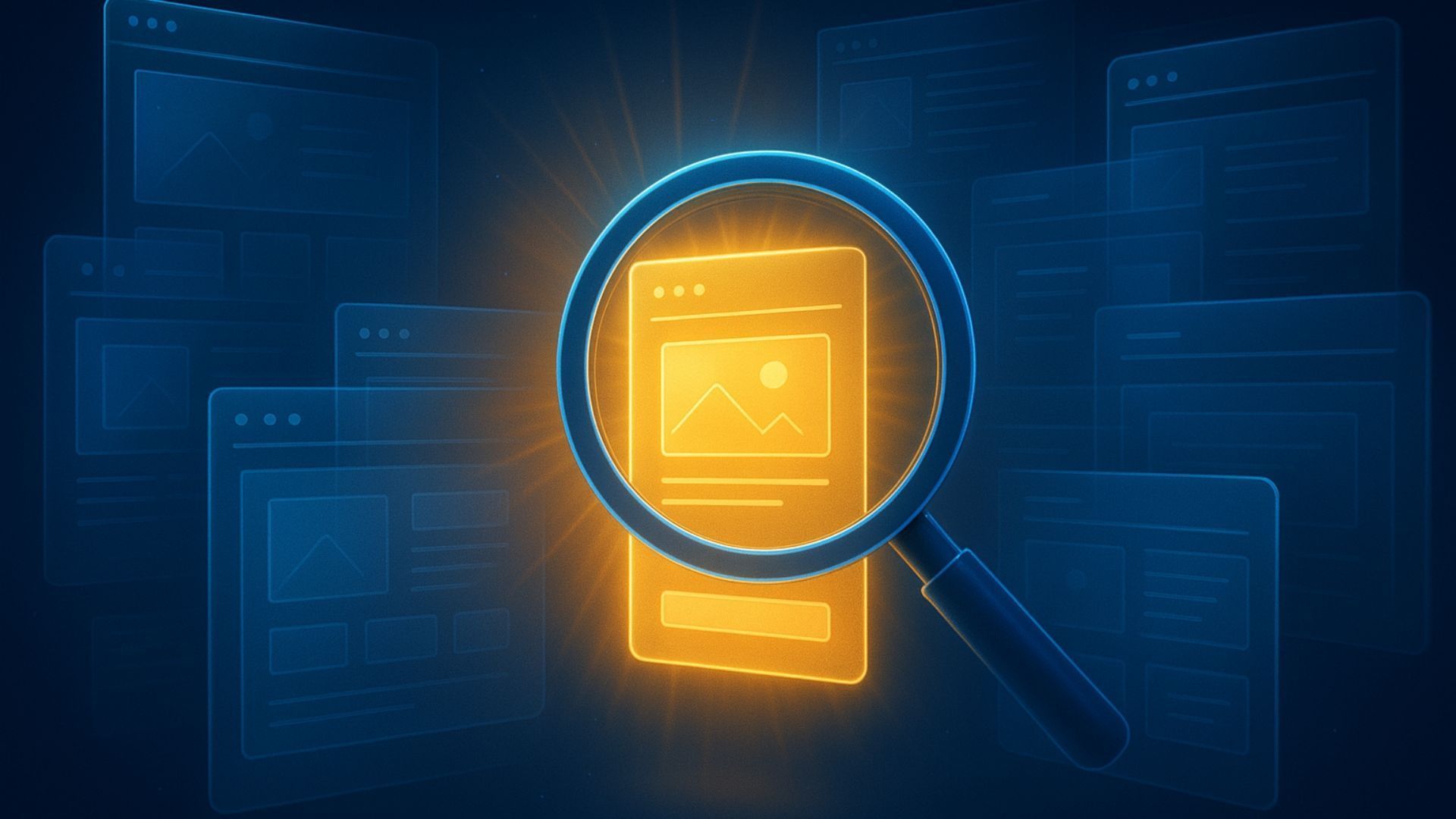 Blue magnifying glass inspecting a glowing orange document on a dark digital background