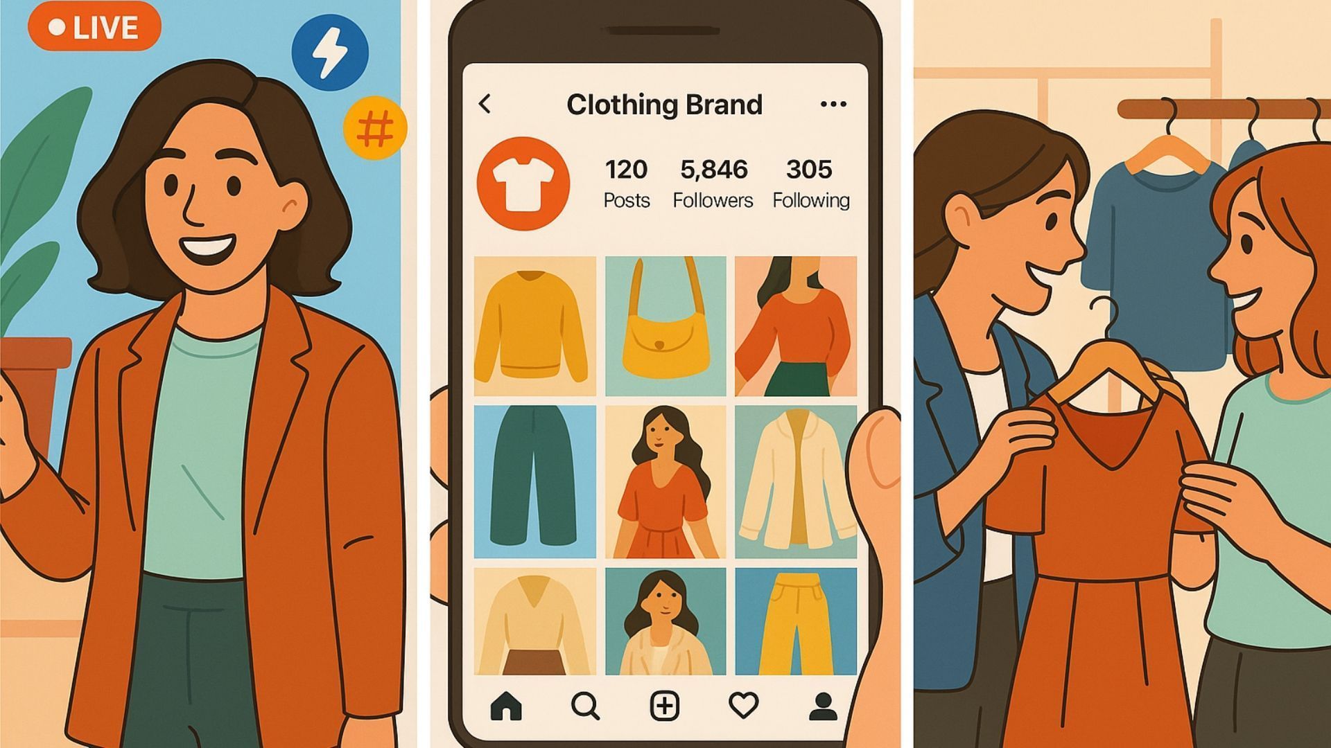 Three panels show a clothing shop app, an orange jacket on a woman, and two people comparing sweaters.