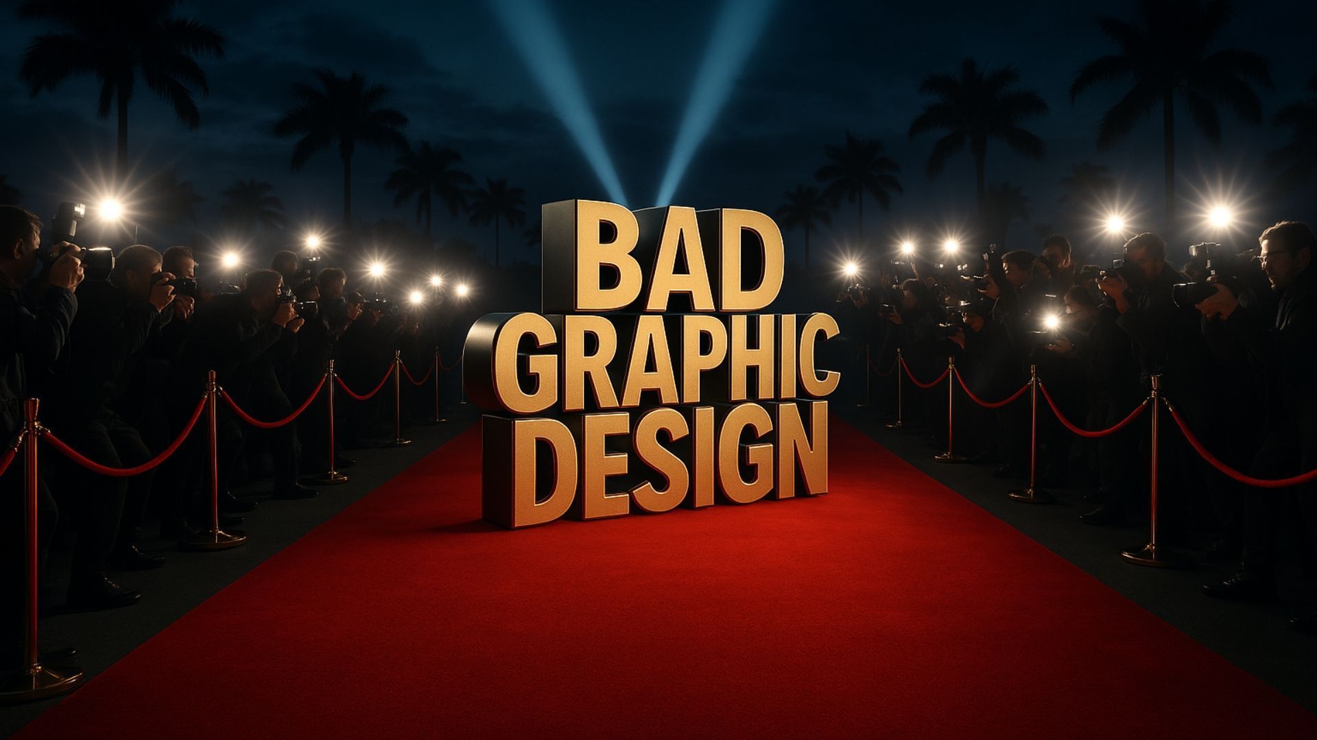 Bold 3D text reading “BAD GRAPHIC DESIGN” on a red carpet with flashing lights and velvet ropes