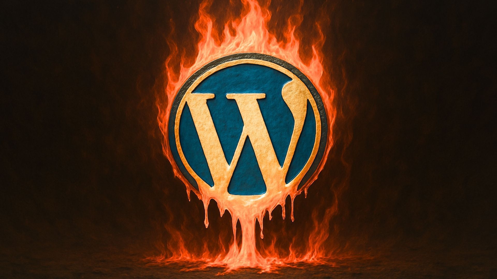 WordPress logo glowing with orange flames on a dark background