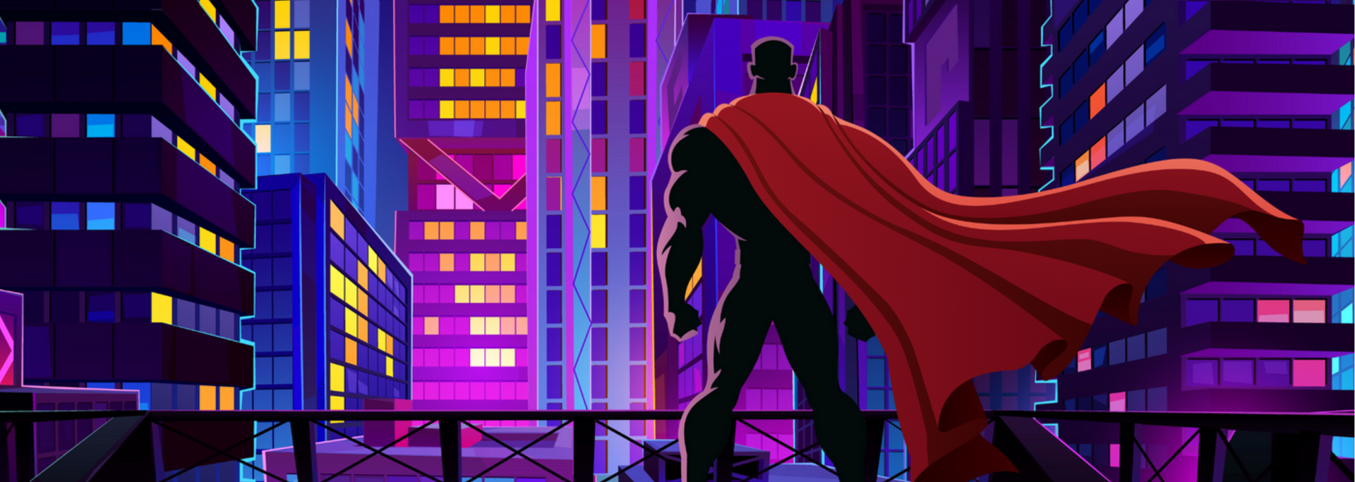 Caped superhero silhouetted on a rooftop overlooking a neon-lit futuristic city at night