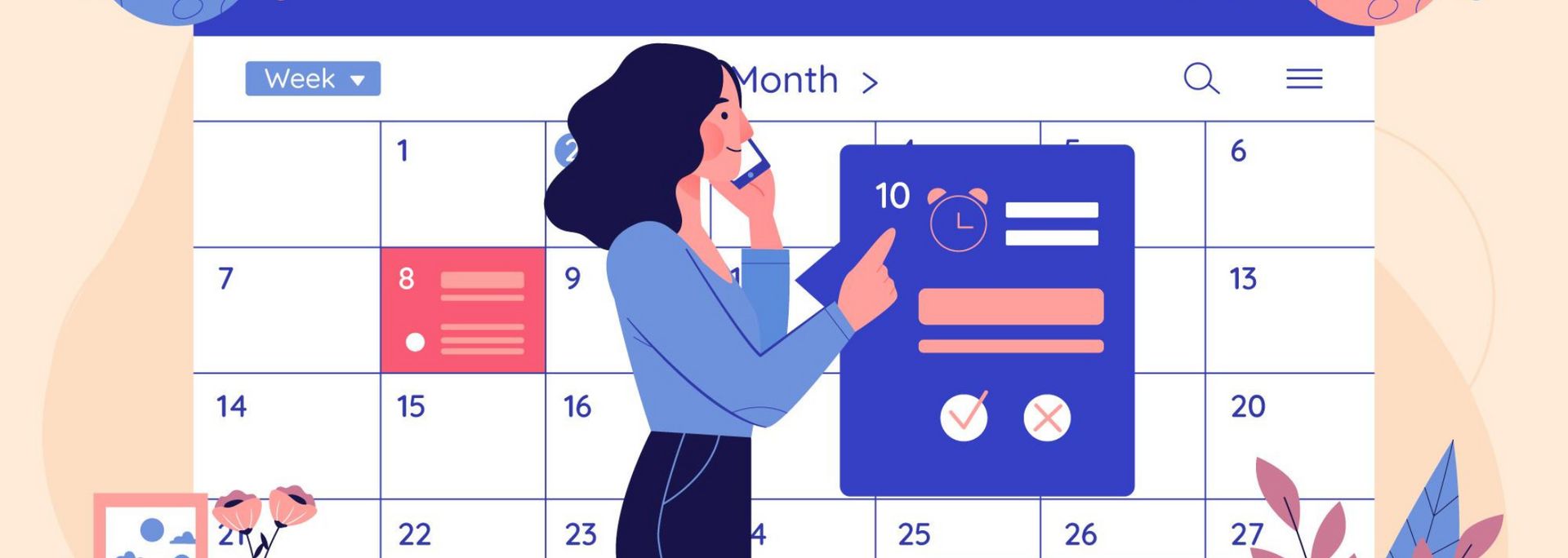 Woman pointing at a blue calendar dashboard with dates and charts on a white background