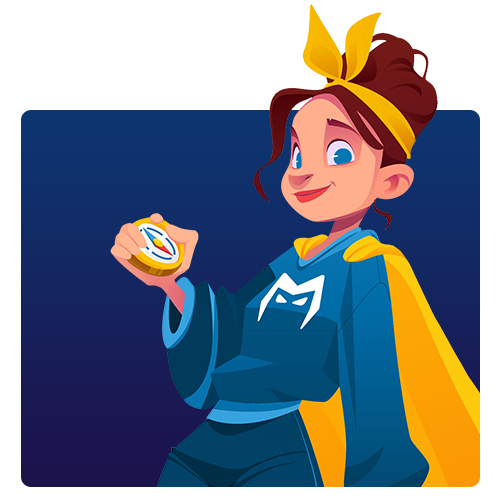Cartoon superhero holding a stopwatch, wearing a blue suit and yellow cape on a dark blue background