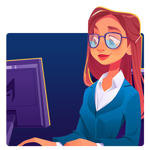 Woman in glasses working at a computer, with a blue background and purple monitor screen