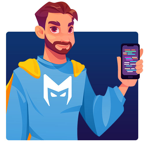 Illustrated man in a blue hoodie holding up a smartphone with a code-filled screen.