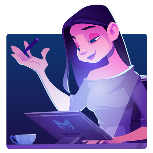 Woman using a laptop in purple lighting, with a coffee cup beside her.