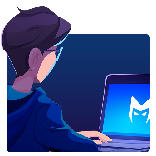 Person at a laptop with a blue security-style logo on screen
