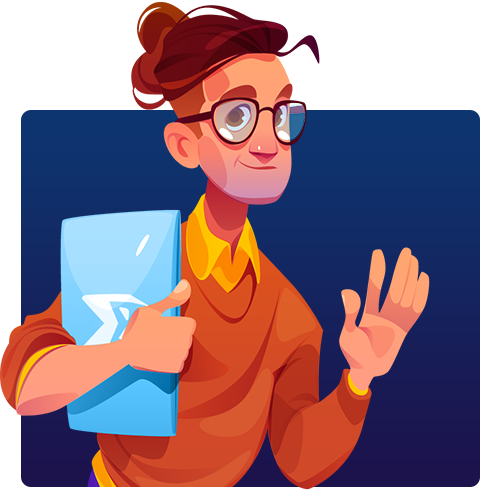 Cartoon person with glasses holding a blue folder and making an OK hand gesture against a dark blue background