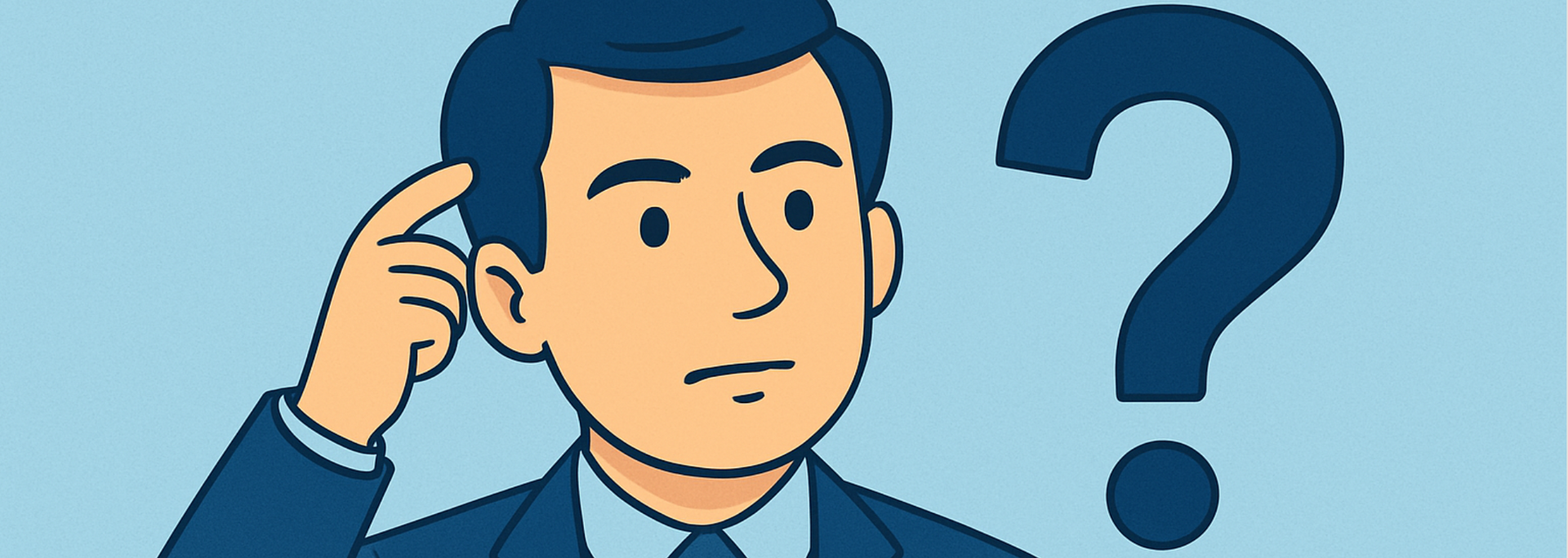 Confused man in a blue shirt scratching his head beside a large question mark