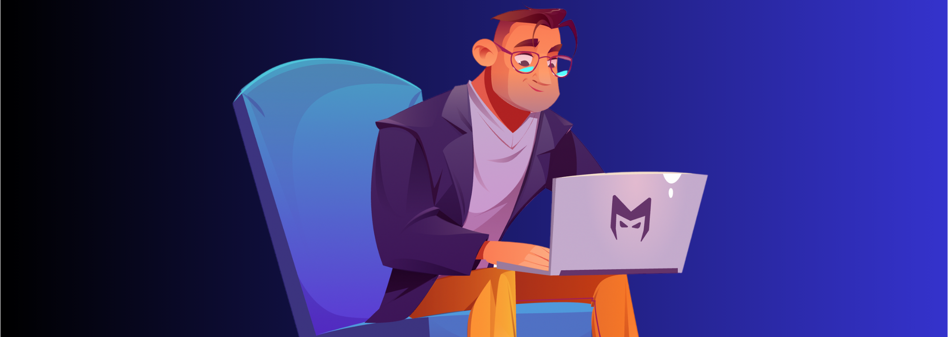 Person working on a laptop beside a large blue chair against a dark purple background.