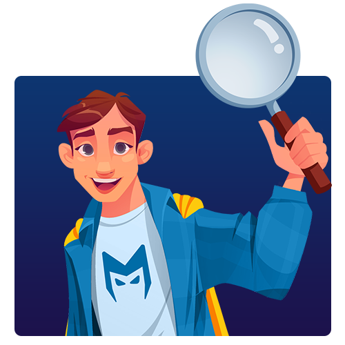 Smiling cartoon detective holding a magnifying glass on a blue background