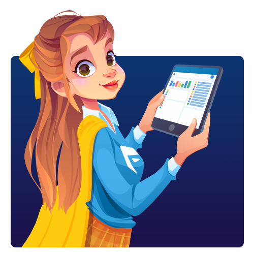 Cartoon student with long hair holding a tablet and smiling against a blue background