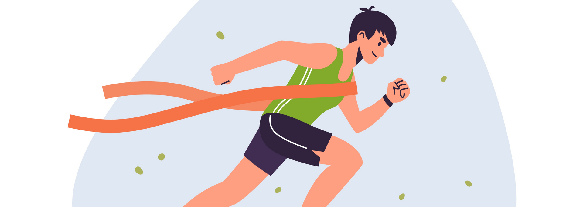 Runner in green shirt and black shorts sprinting with orange motion trails on a light background