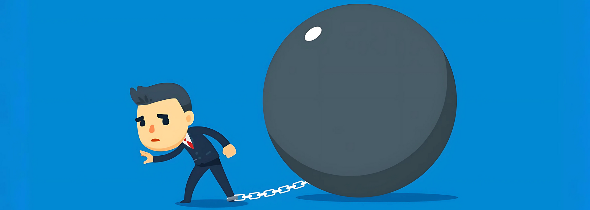 Man in a suit pushing a giant black boulder uphill on a blue background