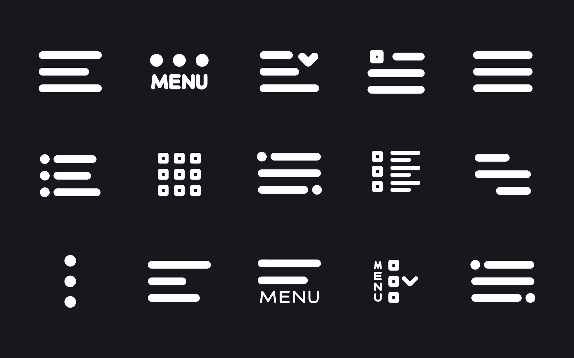 Dark UI icon set showing menu, list, and filter symbols in white on black background