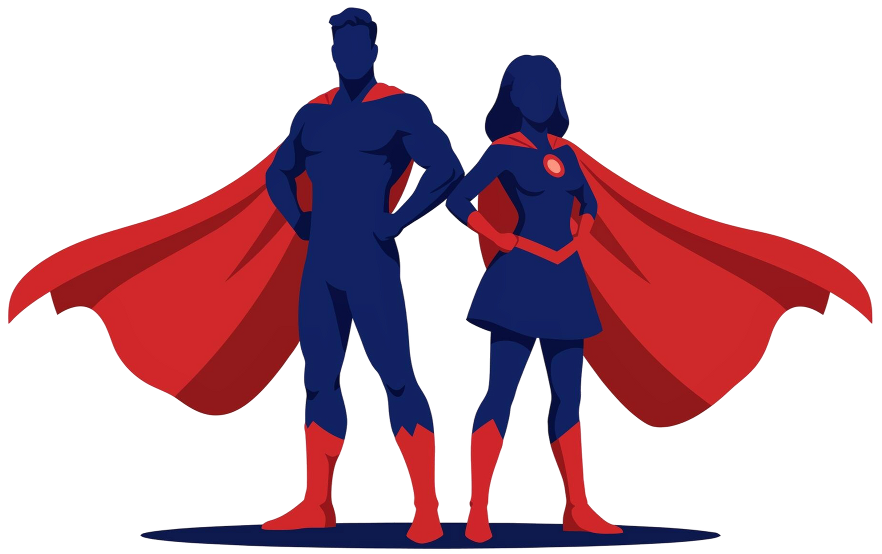 Two caped superheroes standing back to back on a white background, in blue and red costumes.