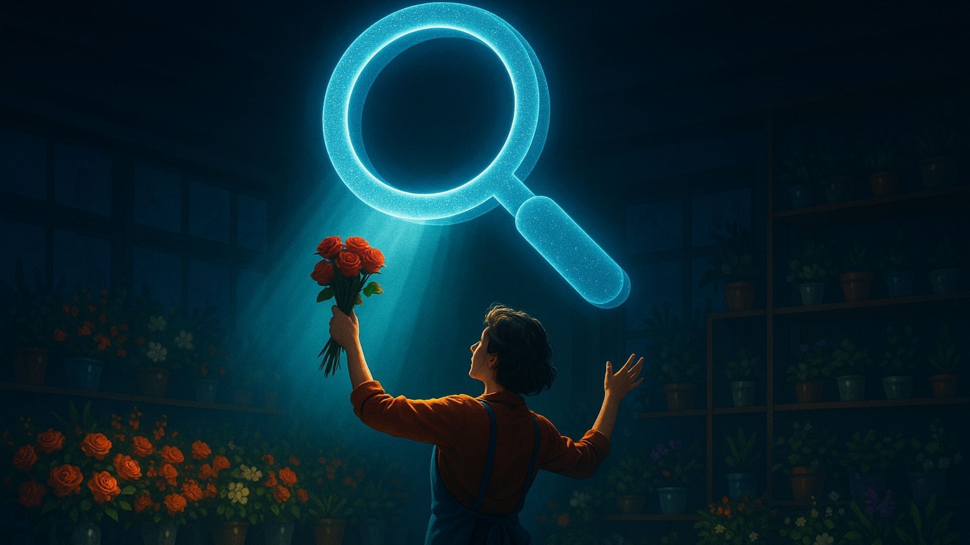 Person holding red flowers beneath a glowing magnifying glass in a dark store aisle