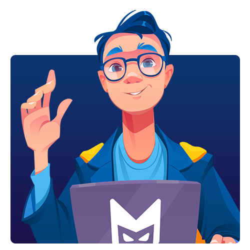 Cartoon person with glasses smiling and gesturing behind a laptop on a blue background