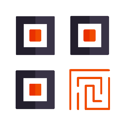 Four abstract square icons: three dark gray with orange centers and one orange maze-like outline.