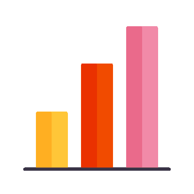 Three ascending colored bar chart bars in yellow, orange, and pink on a white background