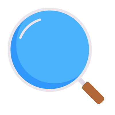 Blue magnifying glass icon with brown handle on a light background