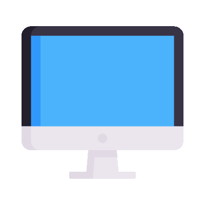 Flat illustration of a desktop computer monitor with a blue screen and white stand
