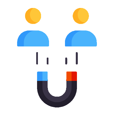 Blue-and-orange magnet icon with two stylized people above it