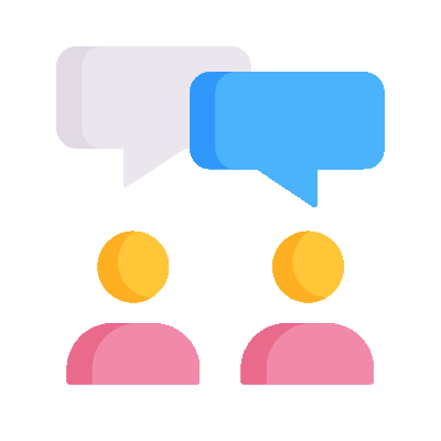 Two people with yellow heads and pink bodies, with overlapping blue and light purple speech bubbles above them
