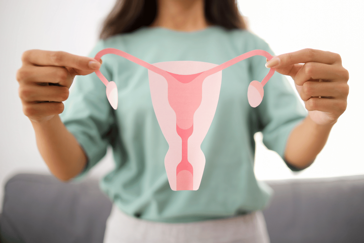 Hands holding a pink uterus and ovaries illustration against a blurred indoor background