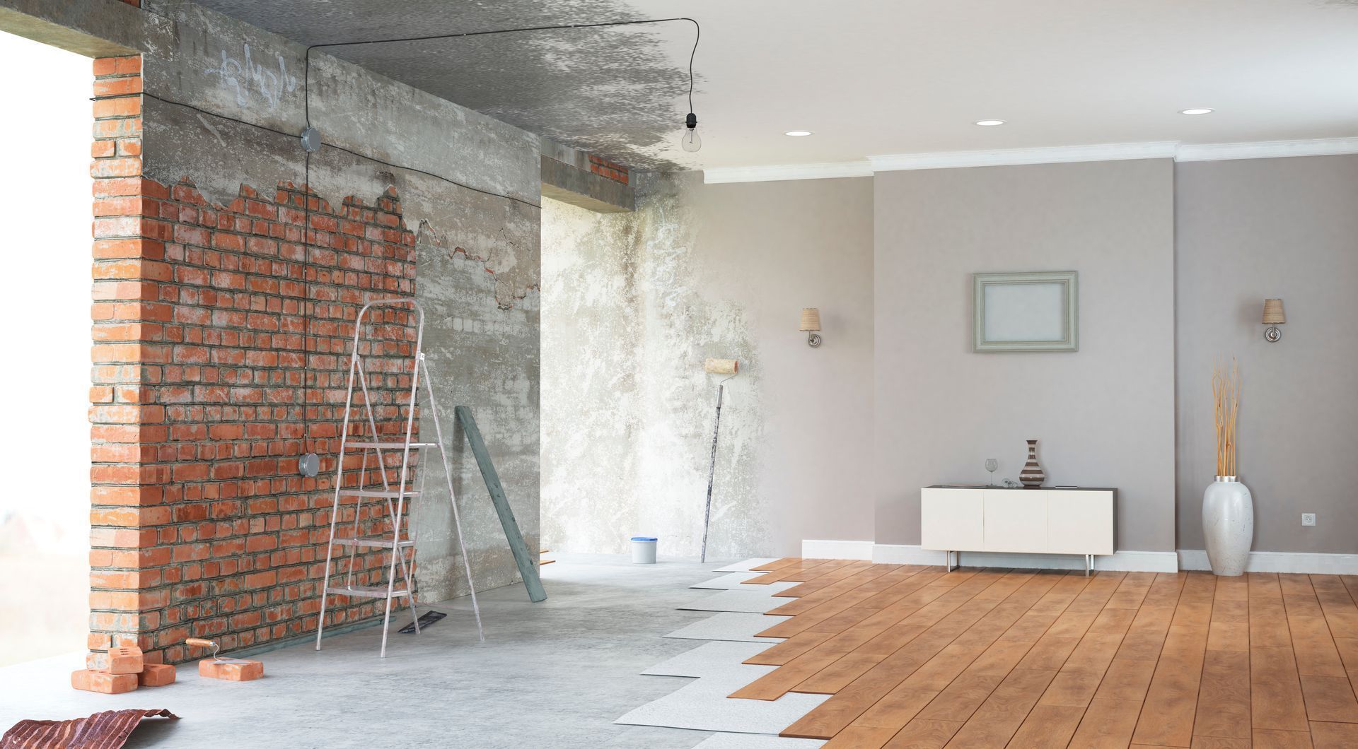 A split-view showing a room under construction on the left, transitioning to a finished, modern interior on the right.