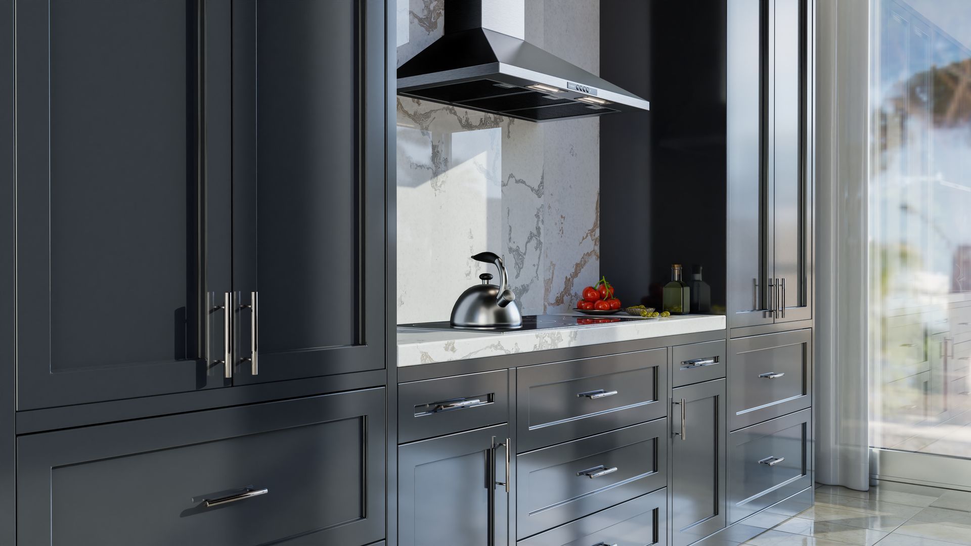 Modern kitchen with high-gloss charcoal cabinets, a white marble backsplash, and a metallic tea kettle on the countertop.