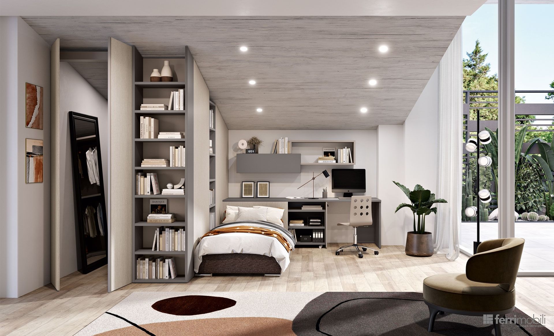 Camera da letto moderna e minimalista con scaffali a muro, scrivania, letto, sedia e ampie finestre con vista sul verde.