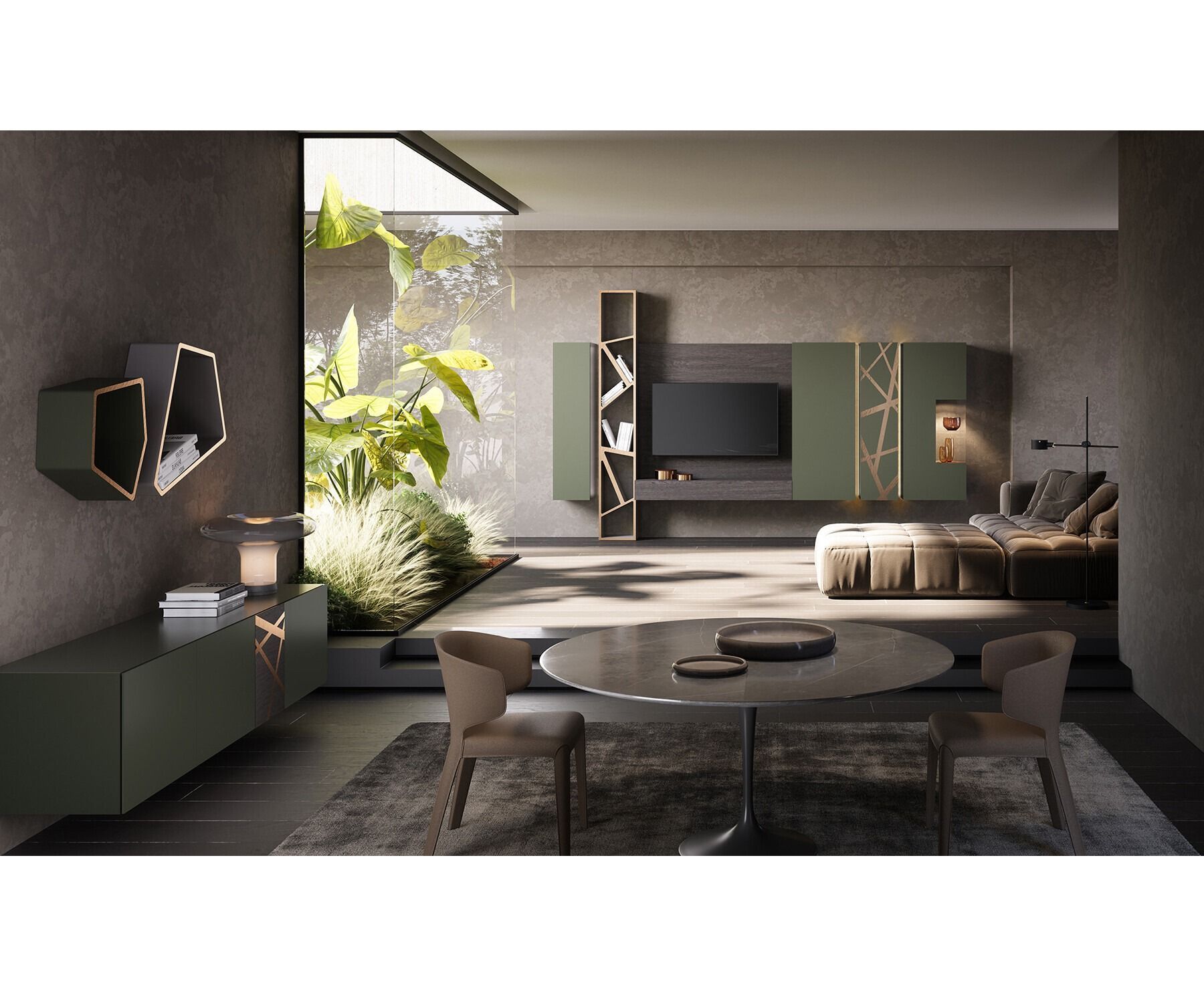Soggiorno moderno di colore grigio con divano, parete attrezzata con TV, tavolino da caffè e ampia finestra con piante.