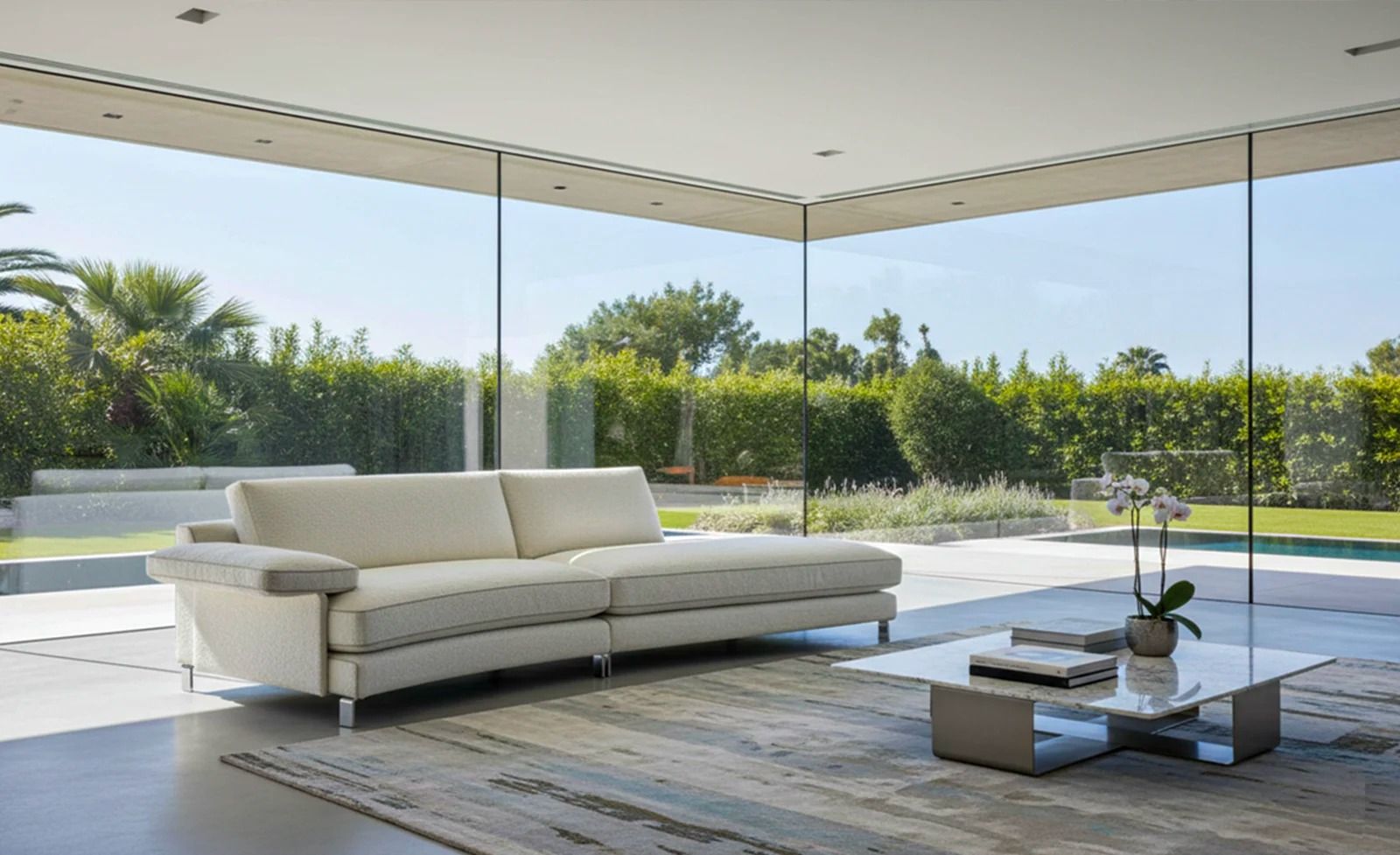 Soggiorno moderno con divano componibile bianco, pareti in vetro e vista sulla piscina sotto un patio coperto.